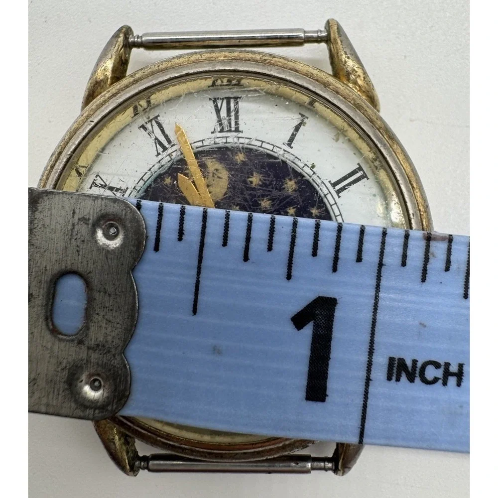 Vintage Fossil World Moon Phase Watch Head Gold Tone Roman Numeral For Parts